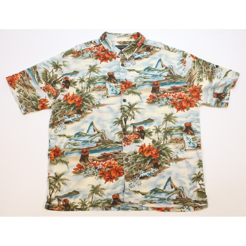 Riggings Hawaiian Mens Shirt‎ XXL Floral Tropical Beach Mountains Aloha